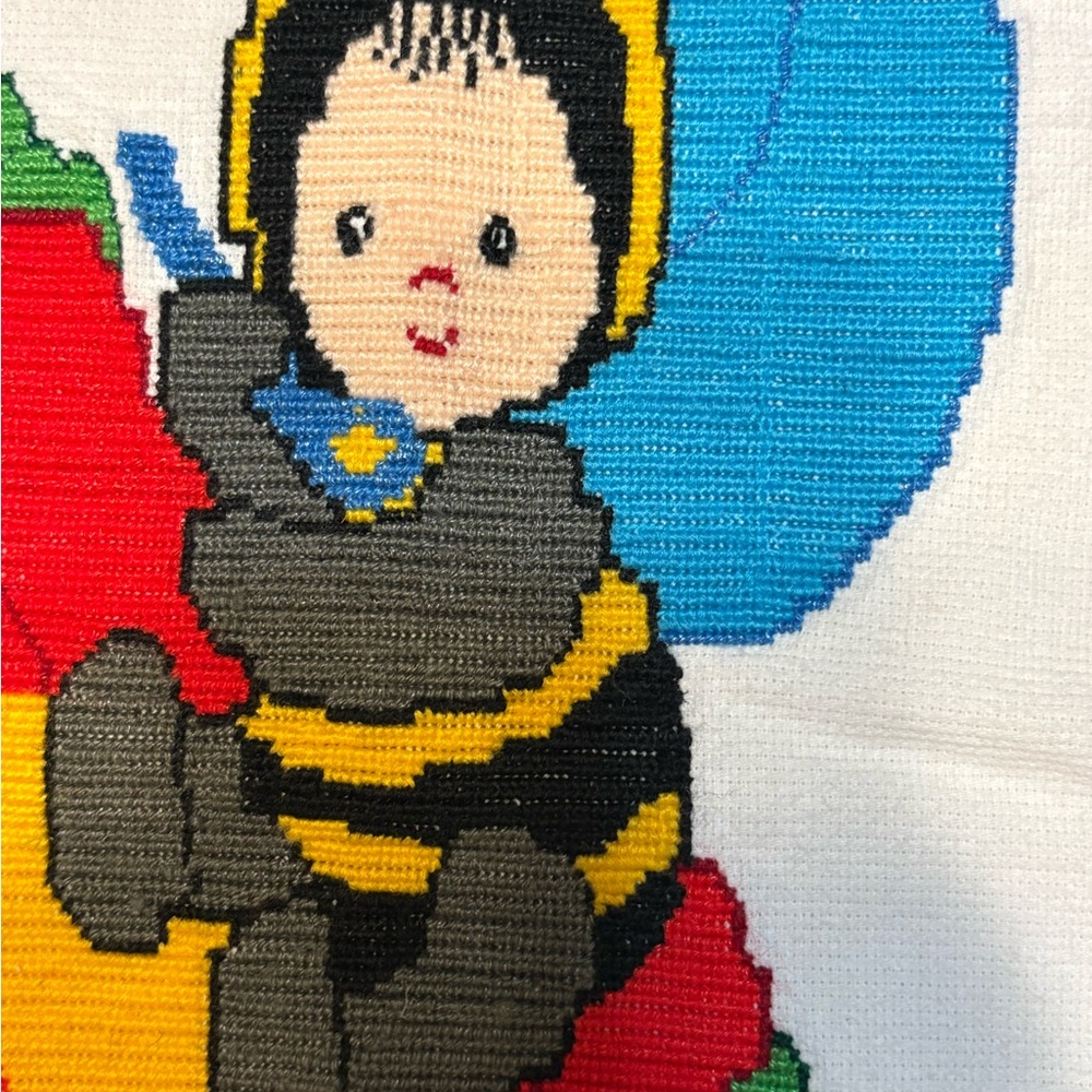 Vintage Handmade Needlepoint Pillow Cover Bee Child on Flower - Picture 3 of 8